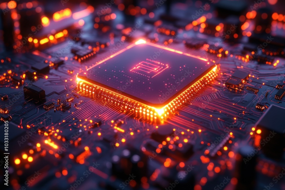 Poster a close-up view of a glowing microprocessor on a circuit board, showcasing technology.