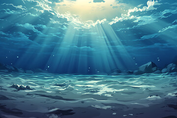 Obraz premium An underwater scene with rays of light illuminating the ocean floor and surrounding water.
