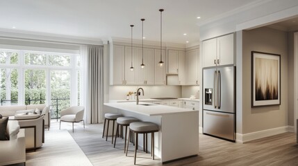 Fototapeta premium A spacious kitchen with sleek white cabinetry and ambient lighting providing a warm glow, enhancing the smart storage features.