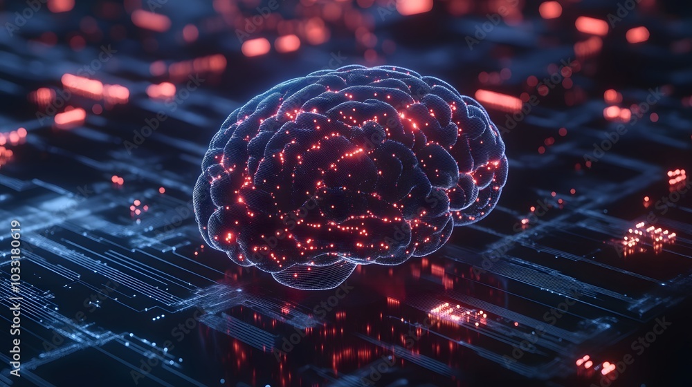 Poster a 3d rendered digital human brain with glowing red nodes on a circuit board background