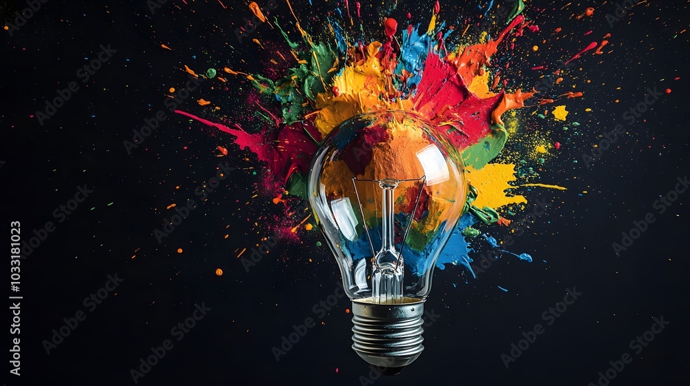 Poster a lightbulb exploding in a splash of colorful paint