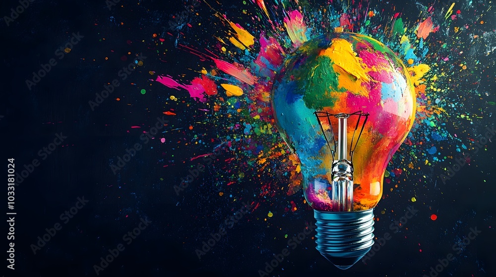 Poster a light bulb exploding with colorful paint splashes