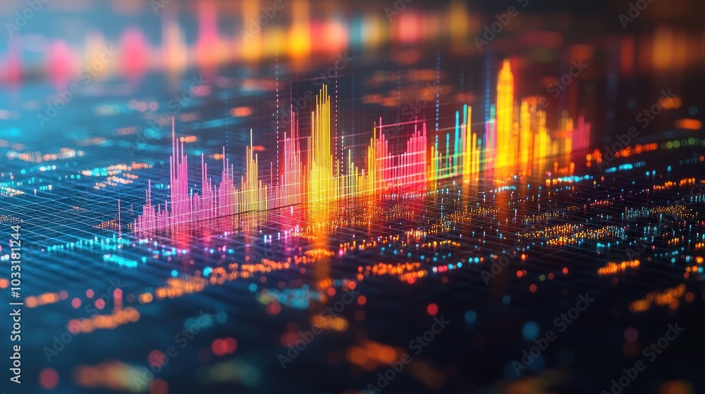 Poster a vibrant digital visualization of data trends represented by colorful bars and lines.