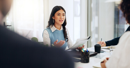 Boardroom, documents and meeting with business people in office for discussion or planning....