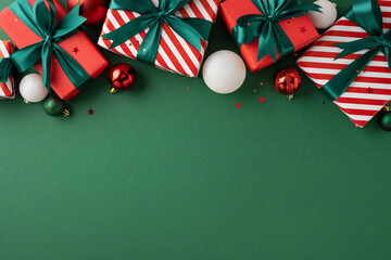 A collection of red and green Christmas presents with ornaments on a green backdrop, evoking a festive holiday spirit