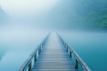 Fototapeta premium A bridge shrouded in fog, with the far end barely visible, symbolizing uncertainty in decision-making.