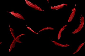Red Feathers Floating on Black Background.generative AI

