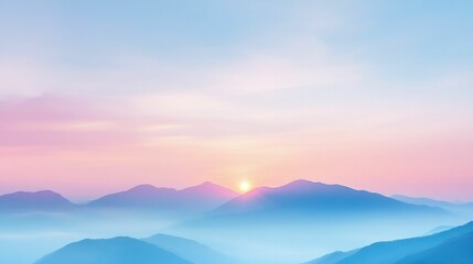 Obraz premium A tranquil panorama, dawn breaking over peaks, gentle light weaving through fog, symbolizing the passage of moments.