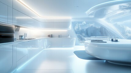 Futuristic kitchen design with minimalist white cabinets, innovative storage solutions, and ambient lighting creating a modern feel.