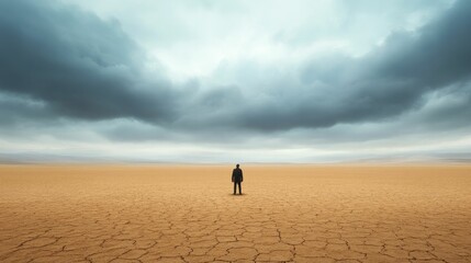 Obraz premium A lone figure standing in a desert wasteland, with dark clouds overhead, representing nature's retribution