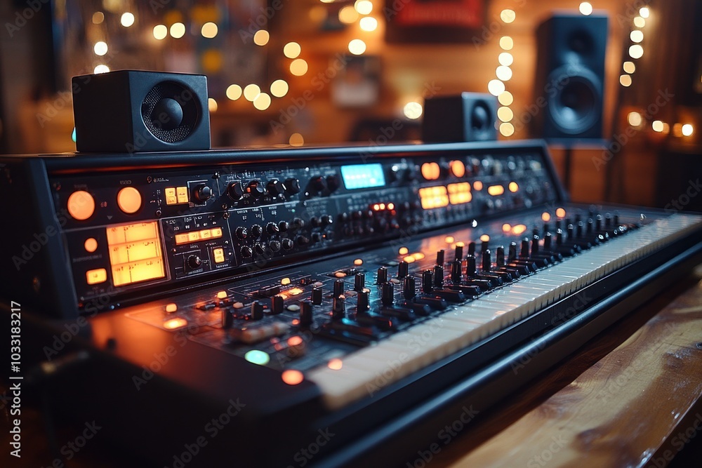 Poster a close-up of a synthesizer in a cozy studio setting, highlighting its controls and lights.