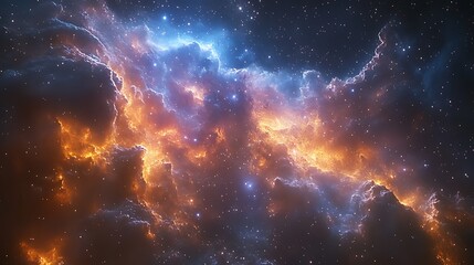 Fototapeta premium A vibrant nebula with swirling clouds of gas and dust, illuminated by stars in a deep space scene.