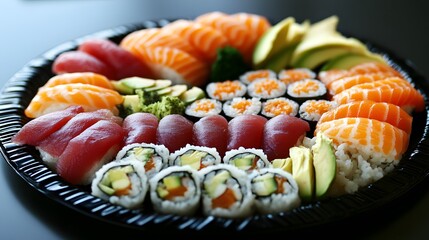 A traditional Japanese sushi platter, with vibrant slices of tuna, salmon, and avocado rolls.


