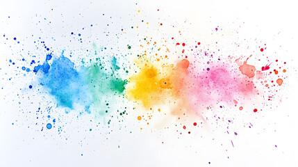 Vibrant rainbow splatter on a clean white canvas, showcasing a playful and colorful artistic expression, ideal for creative projects.