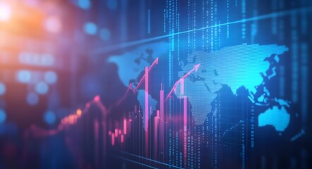 A stock market graph with rising candlestick charts, representing an uptrending financial dashboard background. 