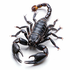 black scorpion positioned against a stark white background.