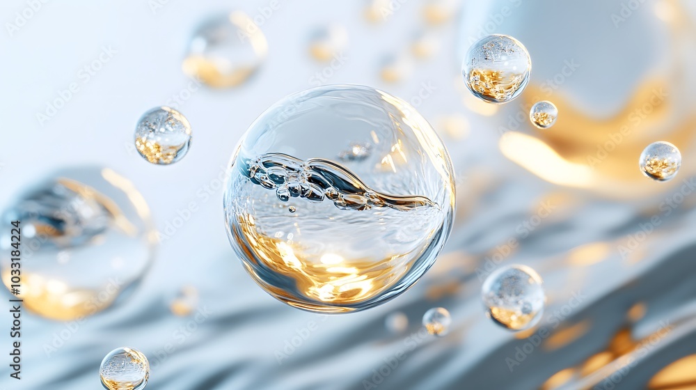 Poster a large transparent sphere with smaller bubbles floating around it