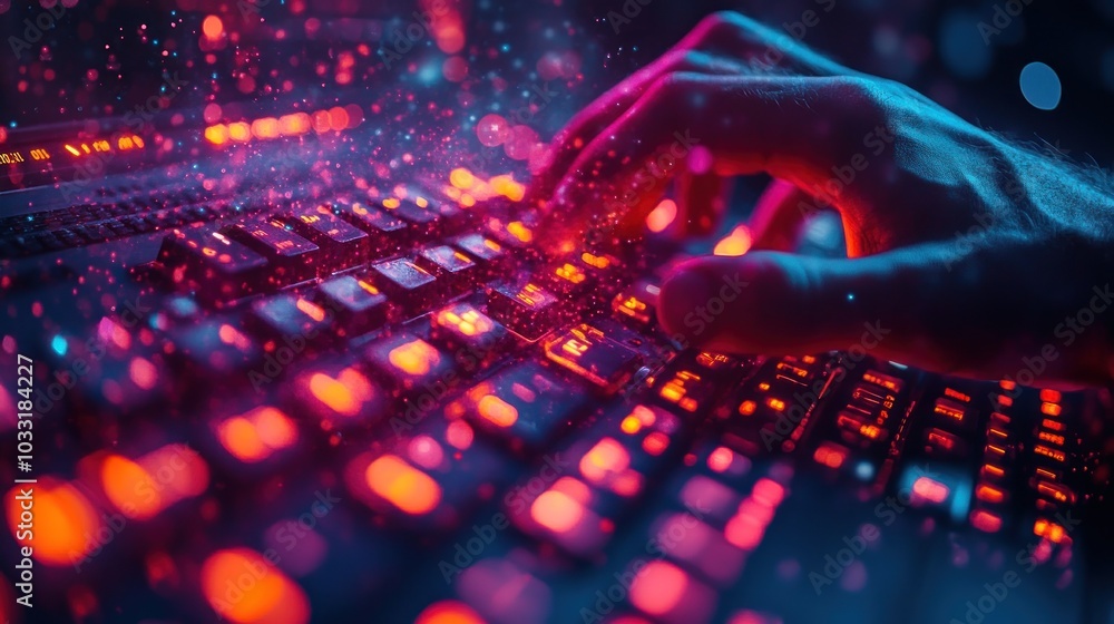Poster a close-up of a hand typing on a glowing keyboard, symbolizing technology and digital interaction.