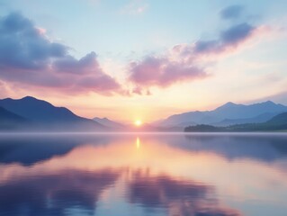 Fototapeta premium A sunset over a tranquil lake, calm and peaceful, reminding us of the transient beauty of each moment we experience.