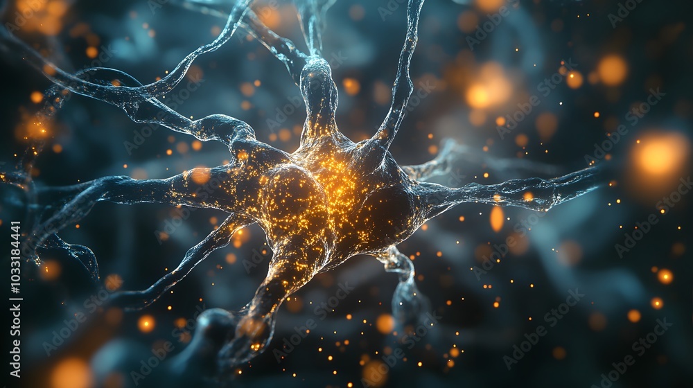 Poster a close-up view of a neuron with glowing synapses