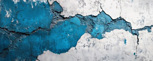 Obraz premium Bold abstract design, top-down view of cracked concrete with sharp black, blue, and white streaks. High contrast with distressed texture