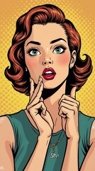 Vintage pop art woman making a shushing gesture with speech bubble