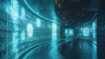 Futuristic library, where AI organizes and presents information as glowing holograms