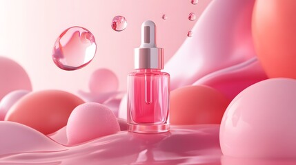 Pink Dropper Bottle with Droplets on Abstract Pink Background