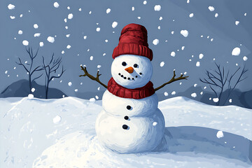 Fototapeta premium A cheerful snowman stands in a snowy landscape, surrounded by falling snowflakes.