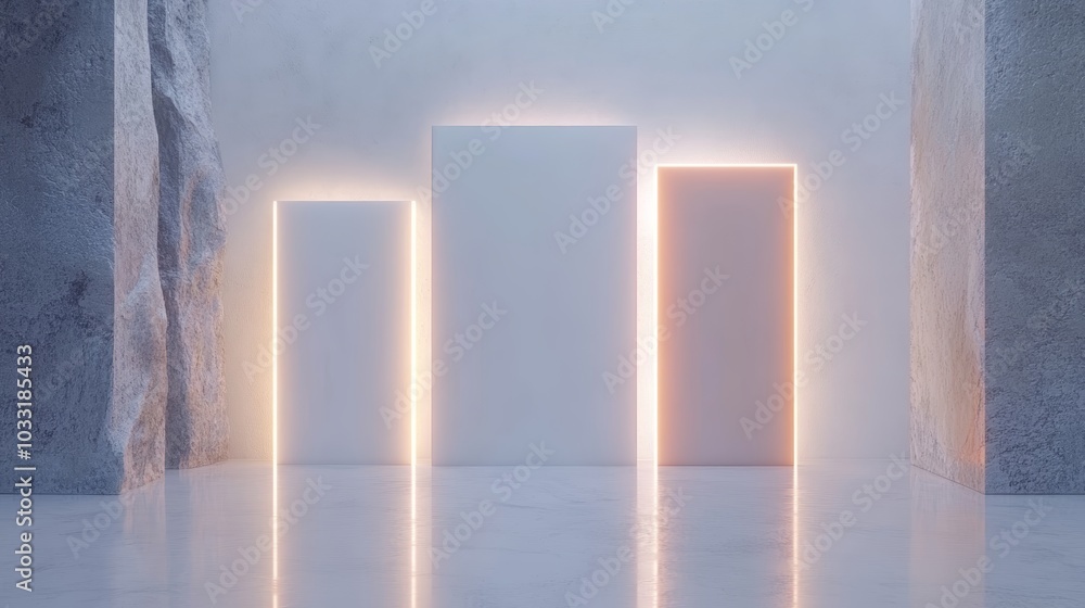 Poster a minimalist scene featuring three rectangular blocks illuminated with soft, glowing edges, set agai