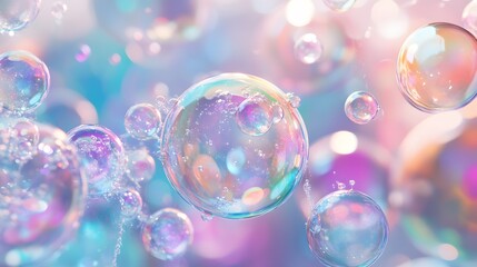 Iridescent Soap Bubbles Floating Against a Blurred Pastel Background