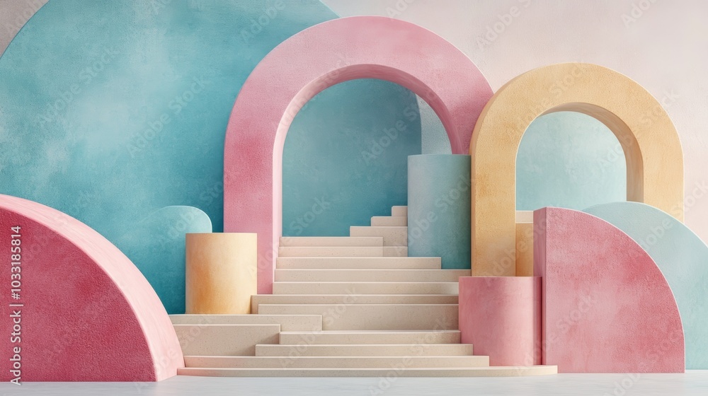 Aufkleber a colorful abstract setup featuring pastel arches and geometric shapes arranged around a staircase a