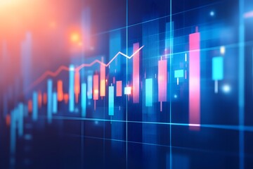 A stock market graph with rising candlestick charts, representing an uptrending financial dashboard background. 