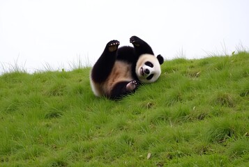 Panda rolling down a hill A panda tumbling down a grassy slope