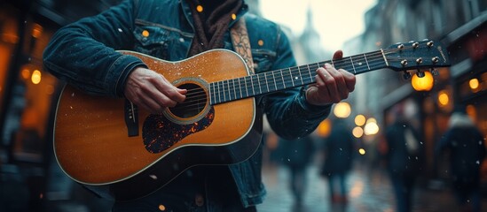 Obraz premium A musician plays guitar on a rainy street, creating a vibrant atmosphere.
