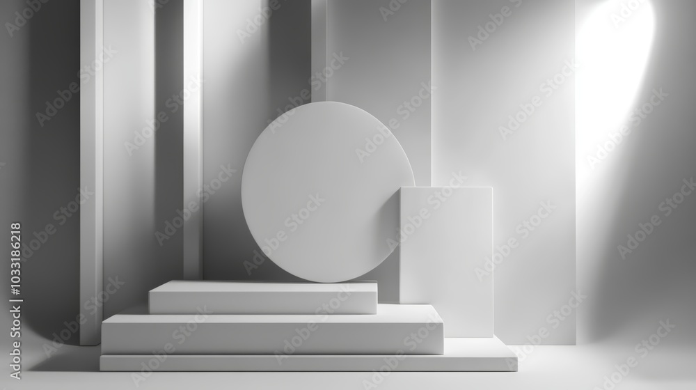Poster a minimalist arrangement of geometric shapes in shades of gray, creating a dynamic yet serene compos