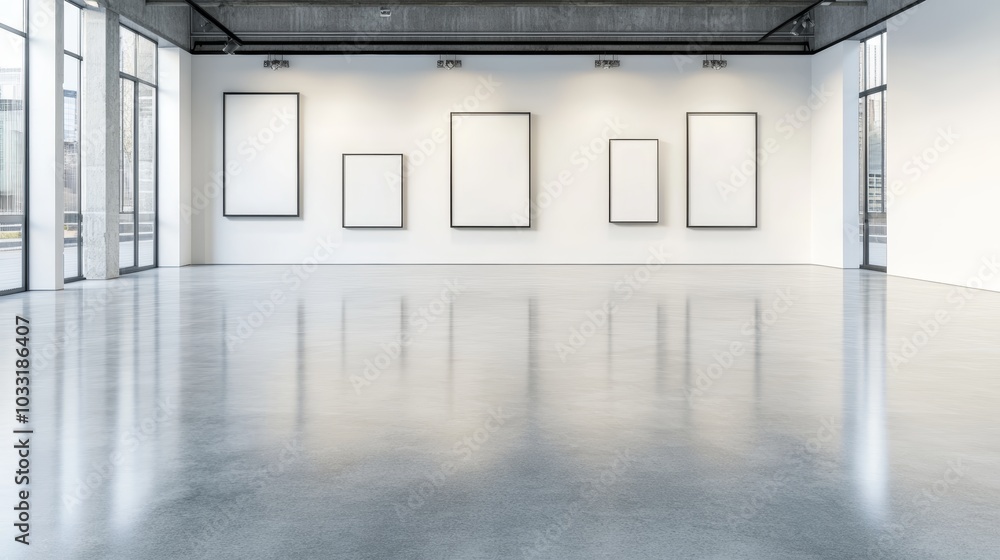 Poster a spacious, minimalist art gallery featuring empty frames on white walls and a polished floor, empha