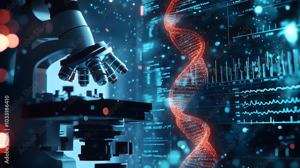 Poster a microscope and dna double helix in a futuristic laboratory setting
