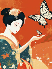 Fototapeta premium A geisha attempting to catch a butterfly, but the butterfly is wearing a tiny kimono too --ar 3:4 --style raw --v 6.1 Job ID: ce3f1b6c-ec1e-44b9-8482-271e97afe315