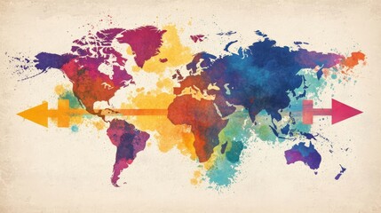 A vibrant, artistic world map featuring colorful splashes, highlighting global connections and diversity.