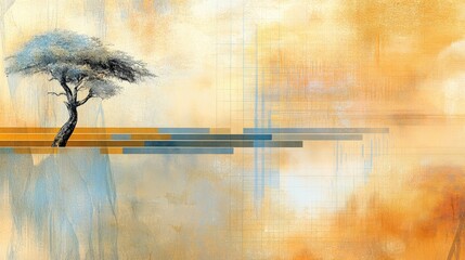 A serene landscape featuring a lone tree against an abstract orange and blue background, creating a peaceful, artistic atmosphere.