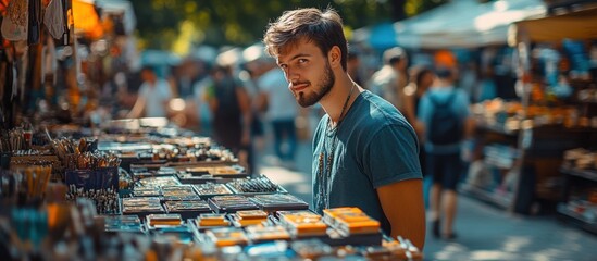 A young man explores a vibrant market filled with various handmade items and crafts.