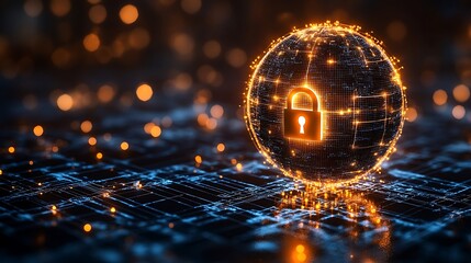 A locked globe with secure digital lines representing cybersecurity across nations.