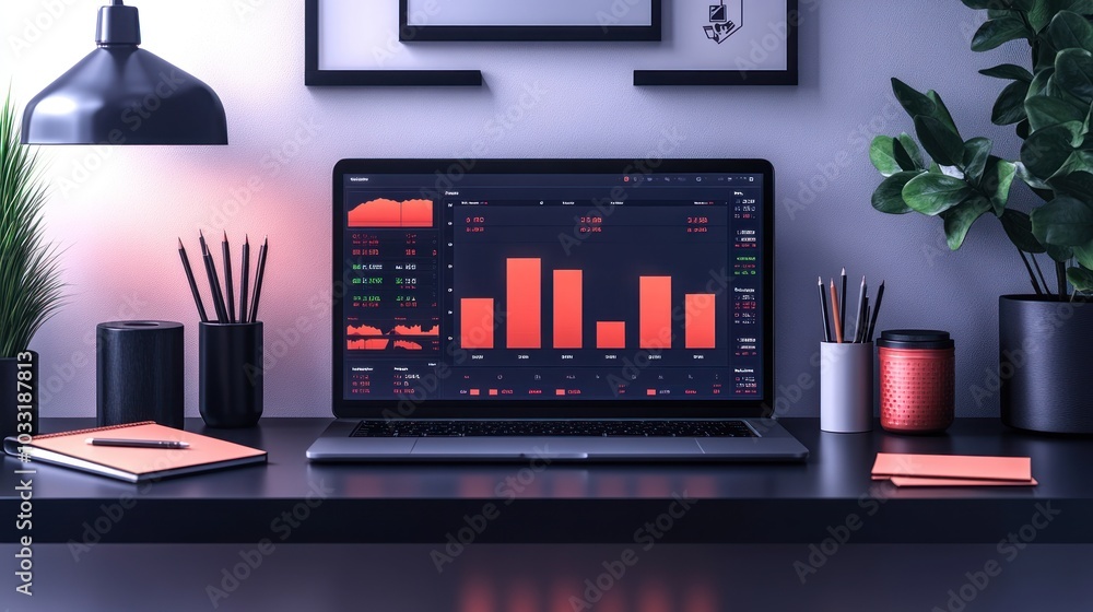 Poster a modern workspace featuring a laptop displaying data analytics and financial charts.