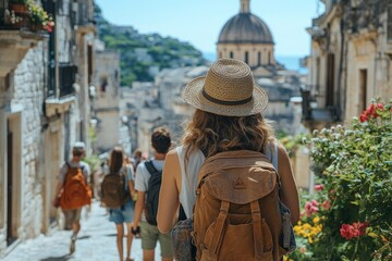 A traveler with a backpack walks down a scenic street lined with flowers and historic buildings.