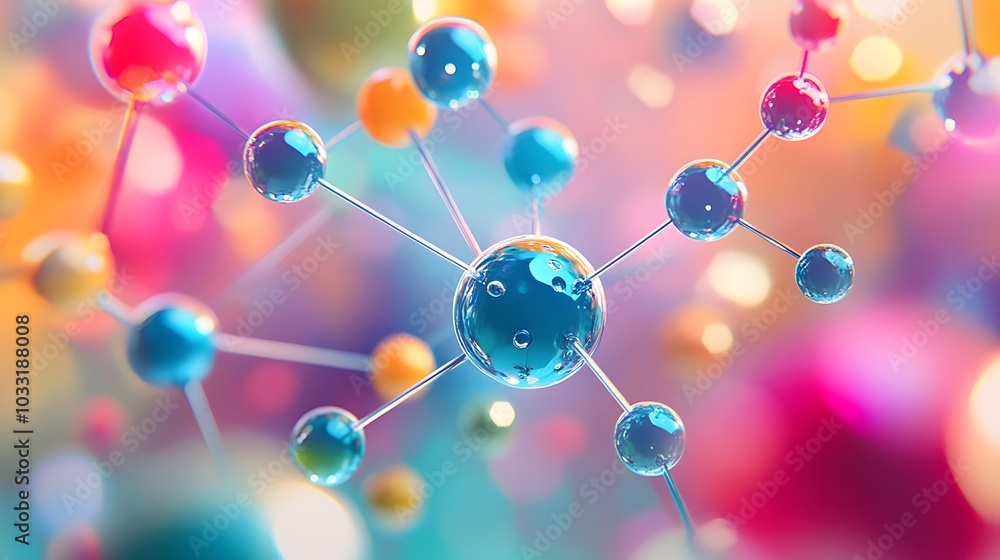 Poster abstract molecular structure with colorful spheres and blurred background