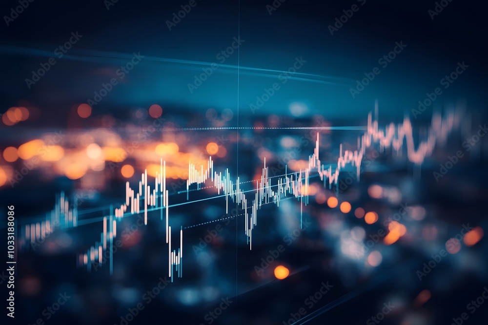 Poster a stock market graph with rising candlestick patterns, indicating an upward trend in the financial l
