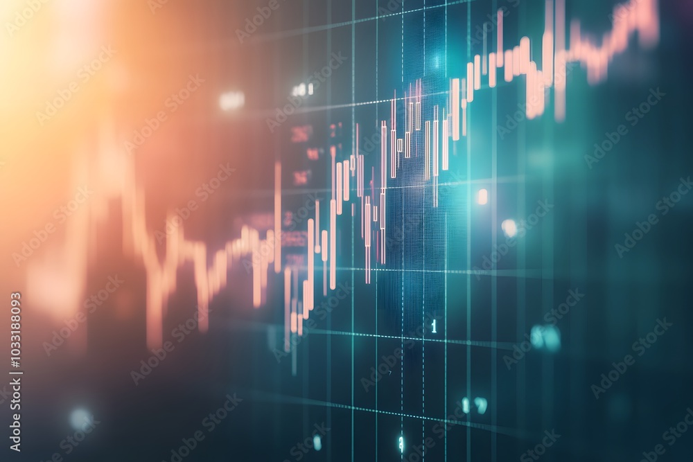 Poster a stock market graph with rising candlestick patterns, indicating an upward trend in the financial l