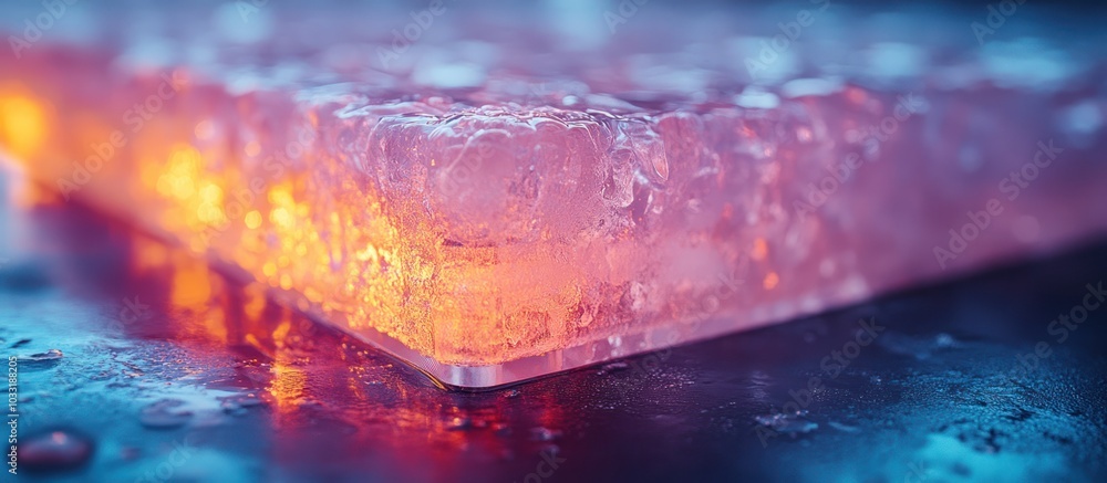 Poster a close-up of a translucent ice block glowing with orange light, resting on a wet surface.