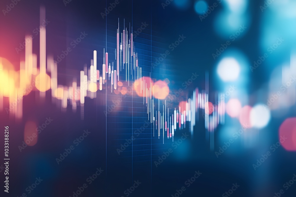 Poster a stock market graph with rising candlestick patterns, indicating an upward trend in the financial l